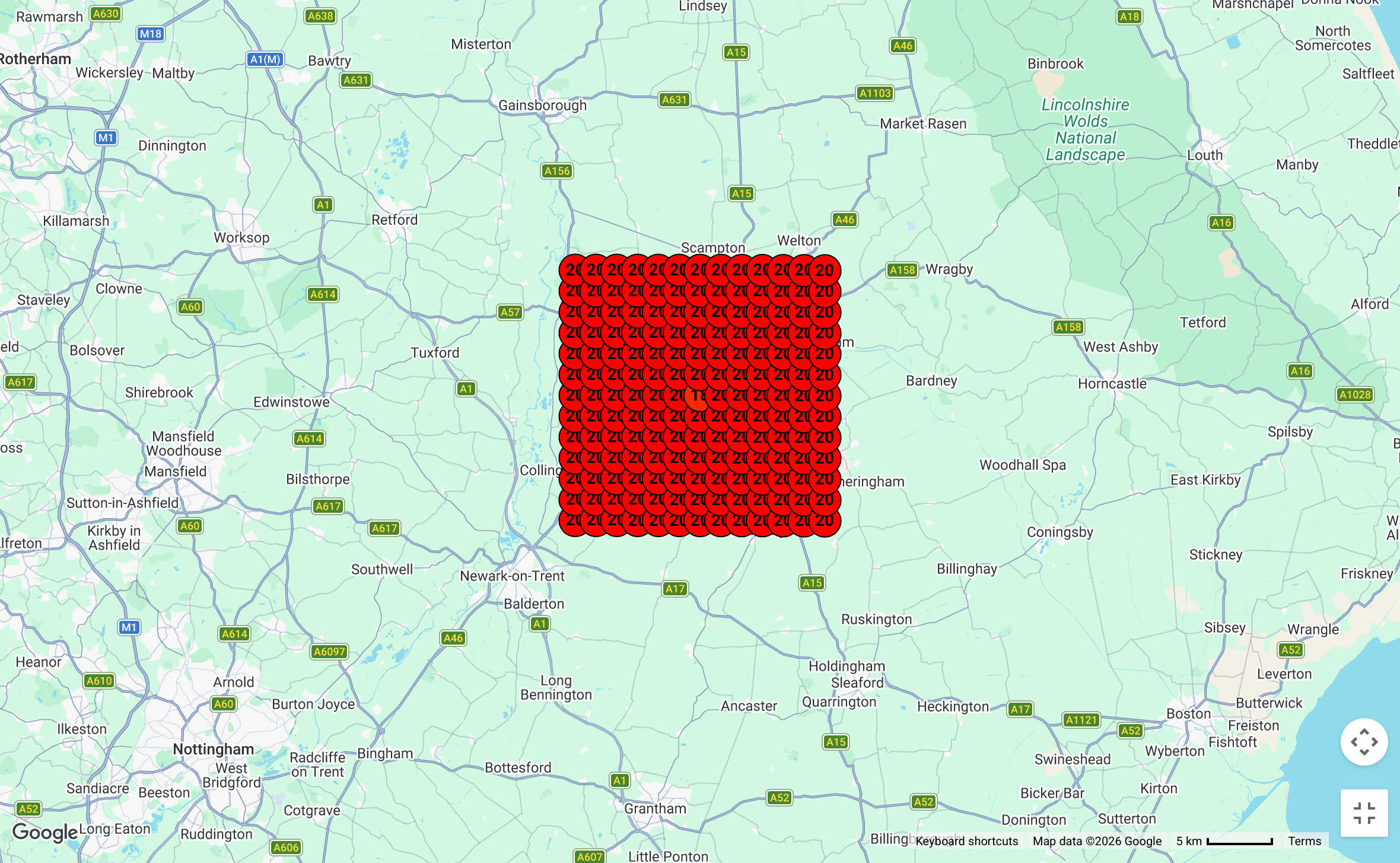 Rank tracking grid showing all red — position 20+ across Lincoln before SEO work